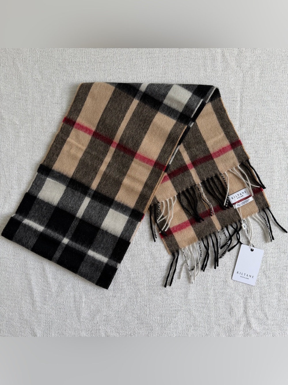 NWT Kiltane Lambswool Scarf, Plaid Beige Black